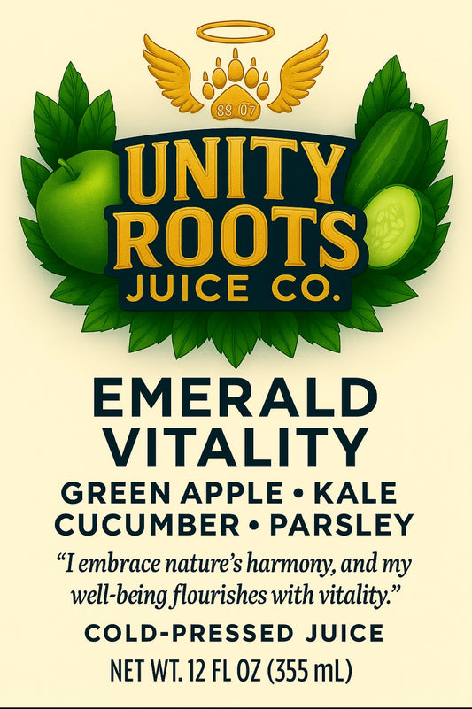 Emerald Vitality – Kale • Green Apple • Cucumber • Parsley • Cilantro • Lemon • Ginger • Full Spectrum Sea Moss